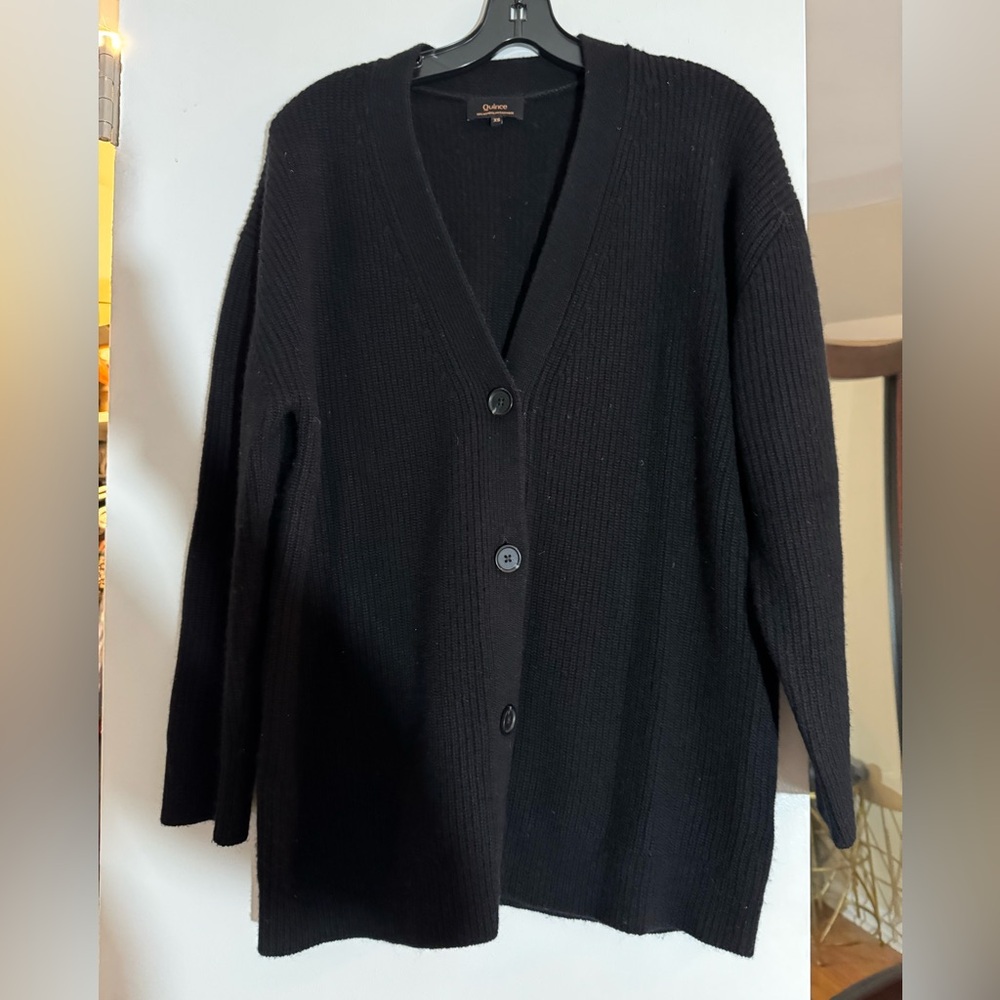 Quince Mongolian Cashmere Oversized Boyfriend Cardigan Sweater, XS, Black